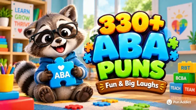 330+ ABA puns featured image with a cheerful raccoon mascot and bold 3D ABA Puns typography