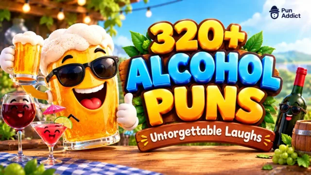 320+ alcohol puns featured image with a cheerful beer mug mascot and colorful drink-themed decorations.