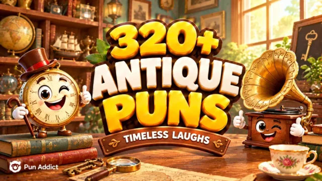 320+ Antique Puns featured image with a cheerful pocket-watch mascot and bold 3D typography