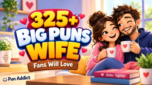 325+ Big Puns Wife with a cheerful cartoon couple and romantic Pun Addict branding.