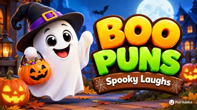 Boo puns featured image with a friendly ghost in a witch hat and bold 3D Halloween typography