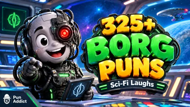 325+ Borg Puns featured image with a cheerful cyborg mascot and colorful sci-fi spaceship setting.