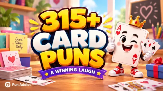 Featured thumbnail image for 315+ card puns with a friendly 3D playing card mascot on a felt green background.