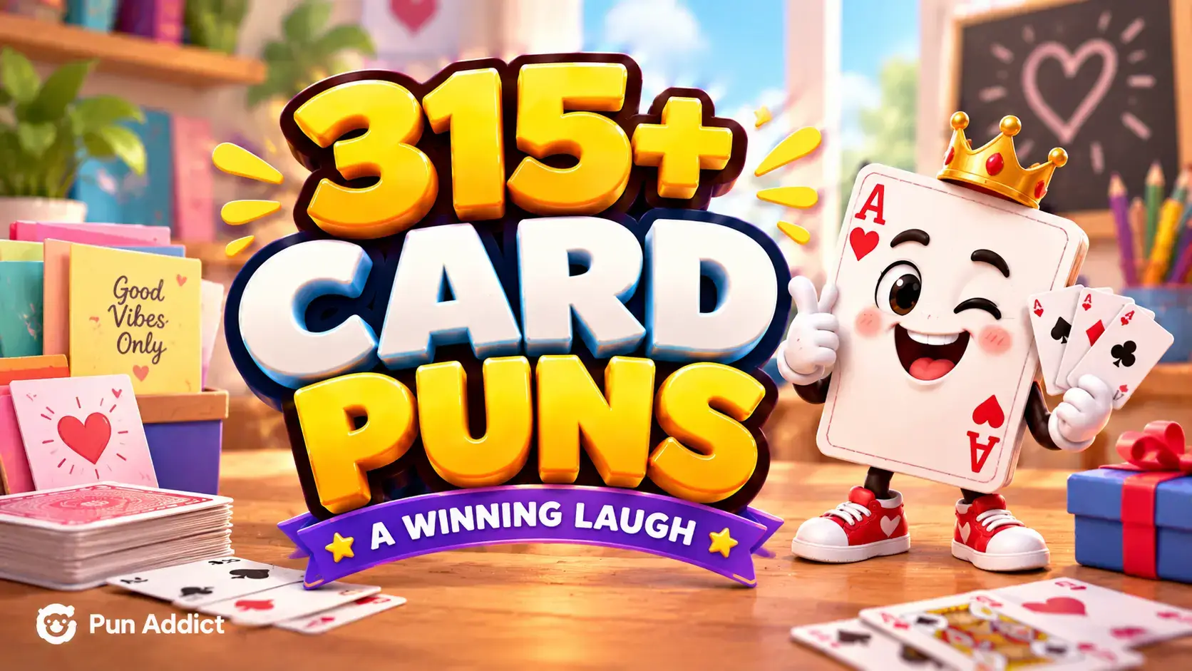 Featured thumbnail image for 315+ card puns with a friendly 3D playing card mascot on a felt green background.