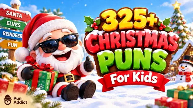 325+ Christmas Puns for Kids featured image with Santa, gifts, a snowman, and a decorated Christmas tree.