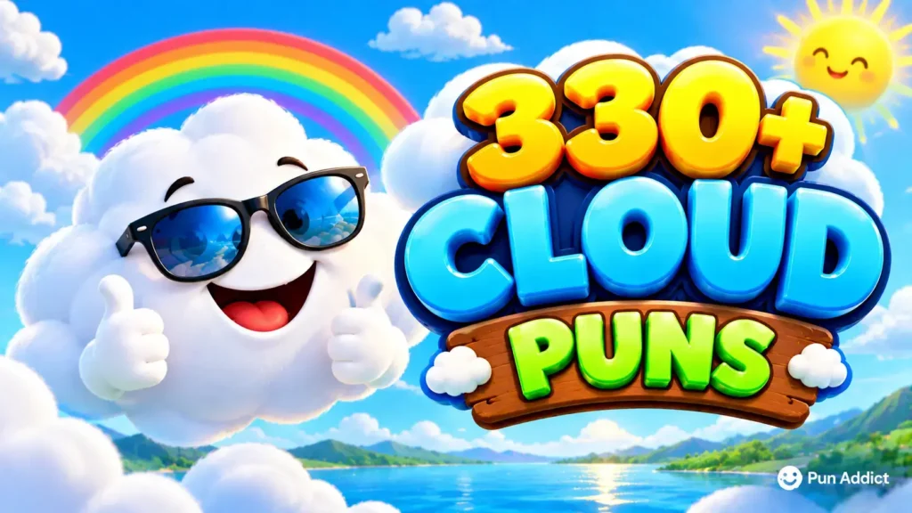 Cloud puns featured image with a cheerful cloud mascot and bold 330+ 3D typography