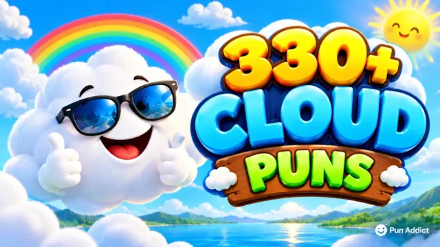 Cloud puns featured image with a cheerful cloud mascot and bold 330+ 3D typography