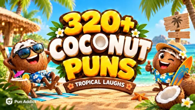 320+ Coconut Puns featured image with cheerful coconut mascots and bold 3D typography