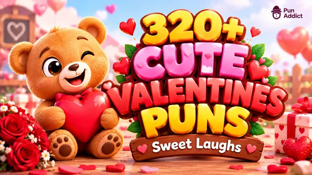 320+ Cute Valentines Puns featured image with a teddy bear holding a heart.