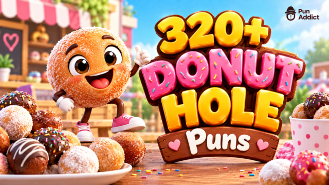320+ Donut Hole Puns featured image with a cheerful donut hole mascot and colorful bakery setting.