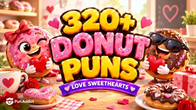 320+ Donut Puns Love featured image with cute donut mascots, hearts, and bold 3D typography