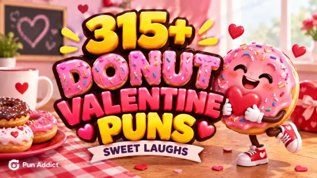 315+ Donut Valentine Puns featured image with a cute donut mascot and bold 3D typography