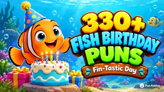 330+ Fish Birthday Puns featured image with a cheerful party fish and bold 3D underwater typography