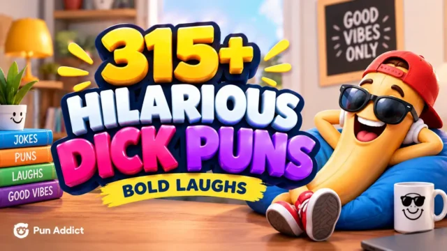 315+ Hilarious Dick Puns featured image with bold 3D typography and a playful cartoon mascot