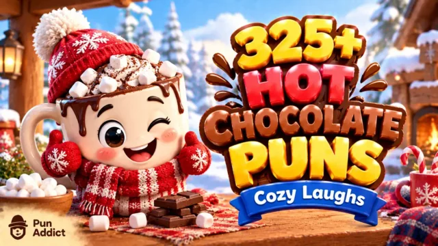 325+ Hot Chocolate Puns featured image with a cheerful cocoa mug mascot, marshmallows, and snowy winter scenery.
