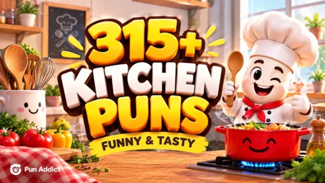 315+ Kitchen Puns featured image with a cheerful chef mascot and bold 3D typography