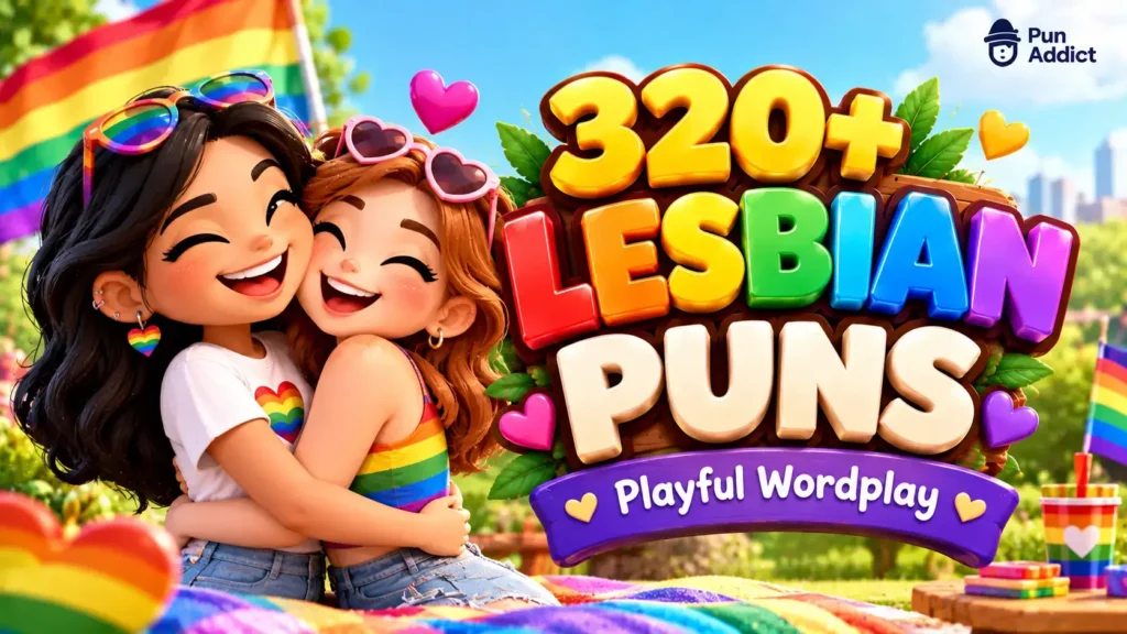 320+ Lesbian Puns featured image with a cheerful couple and colorful Pride-themed background.