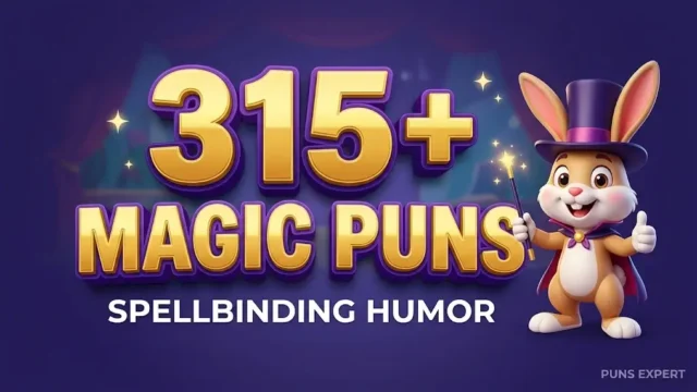 Featured thumbnail image for 315+ magic puns with a 3D cartoon wizard rabbit mascot on a purple background.