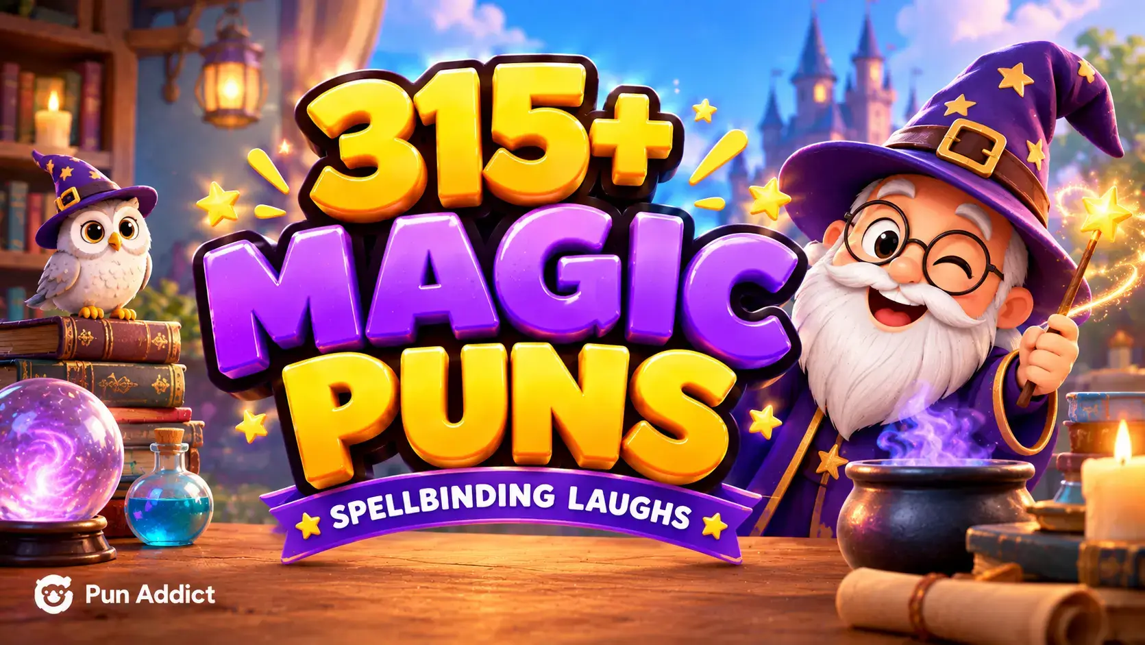 Featured thumbnail image for 315+ magic puns with a 3D cartoon wizard rabbit mascot on a purple background.