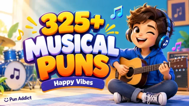 325+ Musical Puns with a cheerful cartoon musician, guitar, headphones, and Pun Addict branding.