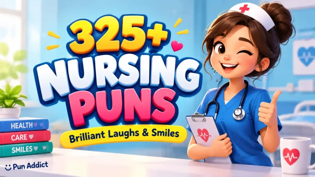 325+ nursing puns with a cheerful cartoon nurse, medical theme, and Pun Addict branding.