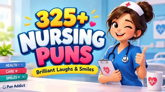 325+ nursing puns with a cheerful cartoon nurse, medical theme, and Pun Addict branding.
