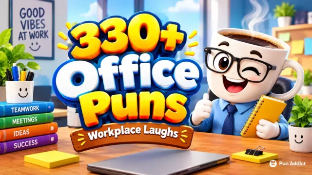 330+ office puns featured image with a cheerful coffee mug mascot and colorful workplace setting