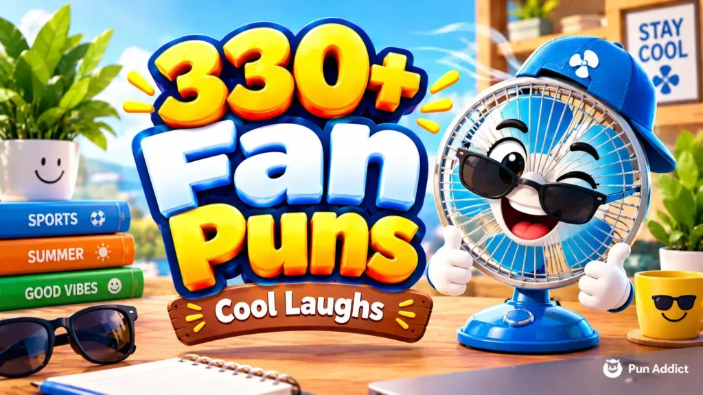 330+ fan puns featured image with a cheerful fan mascot, sunglasses, and a bright summer setting
