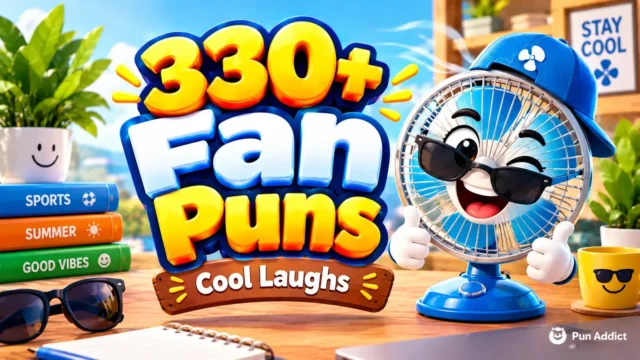 330+ fan puns featured image with a cheerful fan mascot, sunglasses, and a bright summer setting