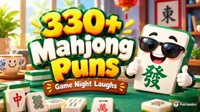 330+ mahjong puns featured image with a cheerful mahjong tile mascot and colorful game night setting