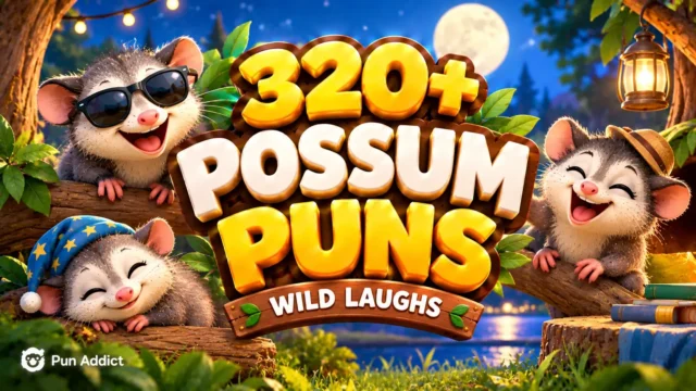 320+ Possum Puns featured image with cute possum mascots and bold 3D typography