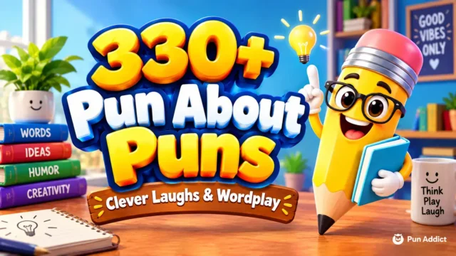330+ pun about puns featured image with a cheerful pencil mascot and colorful wordplay theme