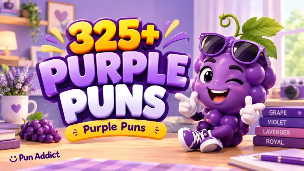 325+ Purple Puns with a playful grape mascot, purple theme, and Pun Addict branding.