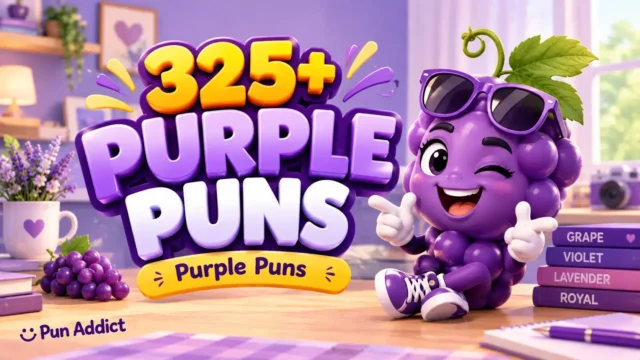 325+ Purple Puns with a playful grape mascot, purple theme, and Pun Addict branding.