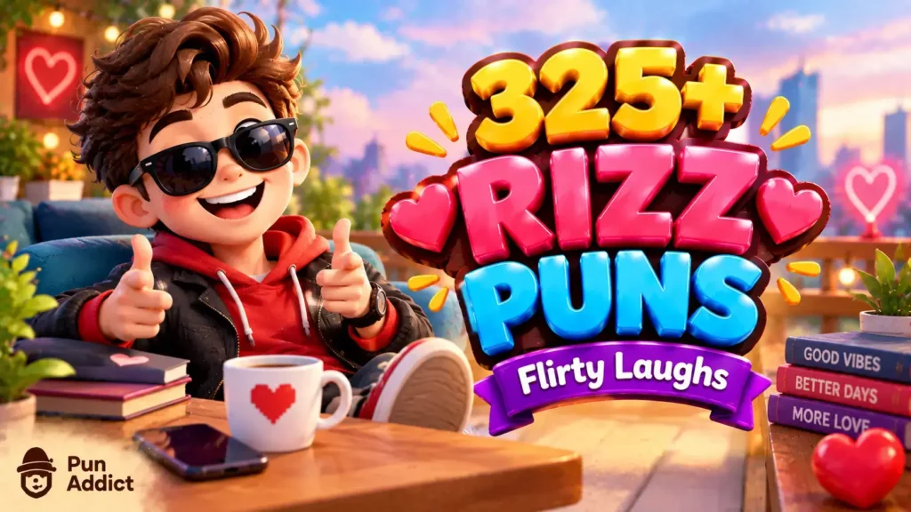 325+ Rizz Puns featured image with a cheerful character, smartphone, hearts, and colorful sunset setting.