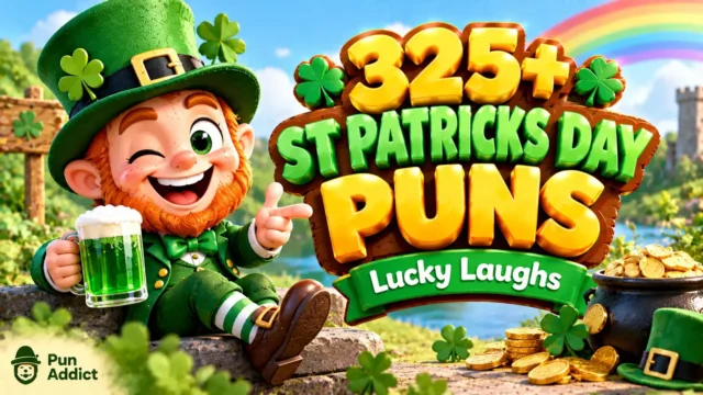 325+ St Patricks Day Puns featured image with a cheerful leprechaun, shamrocks, rainbow, and pot of gold.
