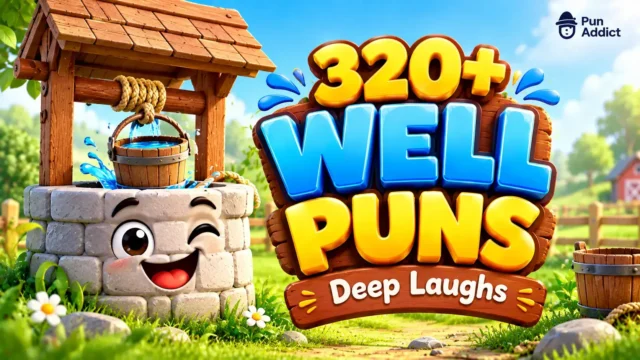 320+ well puns featured image with a cheerful cartoon well, water bucket, and sunny countryside.